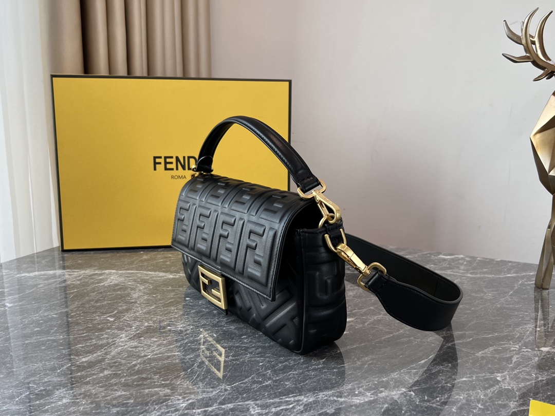 Fendi Medium Baguette Nappa Leather with FF Motif Shoulder Bag Black